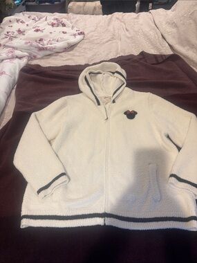 Barefoot Dreams Cream Hooded Zip Sweater with Black Trim and Minnie Patch